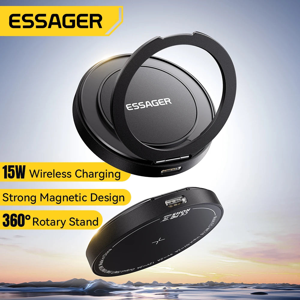 Essager 15W Magnetic Wireless Charger with 360° Rotating Stand – Fast Charging for iPhone 17/16/15/14 Pro Max & AirPods