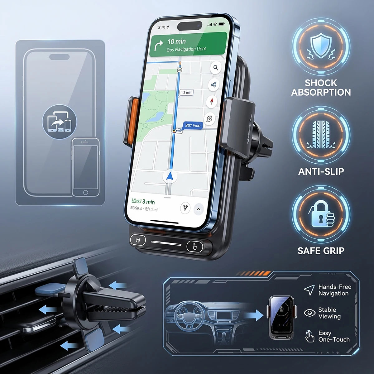 15W Wireless Car Phone Holder & Charger – Auto-Sensing, One-Touch Release, 360° Rotation | Qi Certified