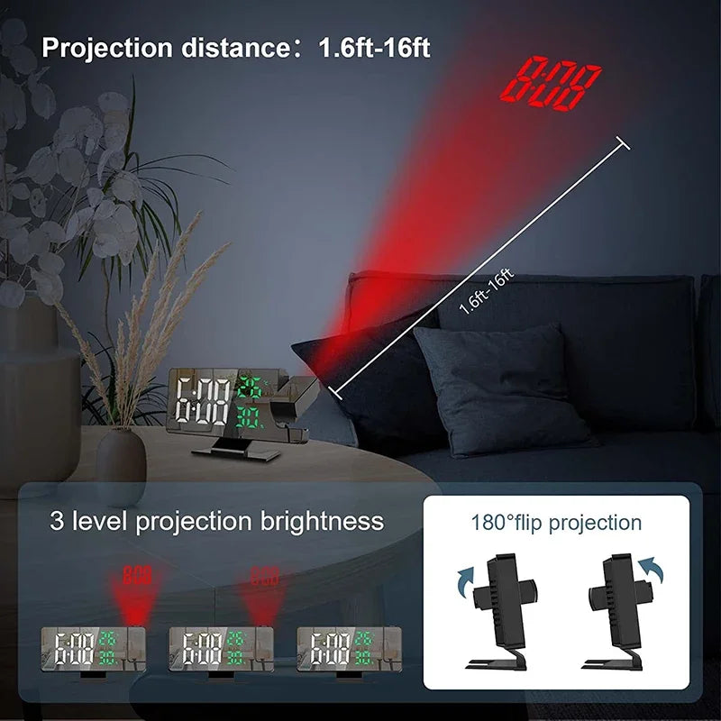 LED Projection Alarm Clock – Time on Ceiling, Temperature Display, Snooze