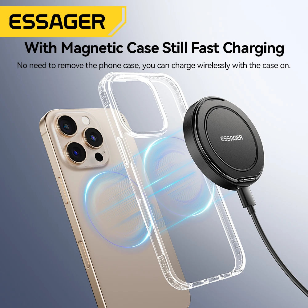 Essager 15W Magnetic Wireless Charger with 360° Rotating Stand – Fast Charging for iPhone 17/16/15/14 Pro Max & AirPods