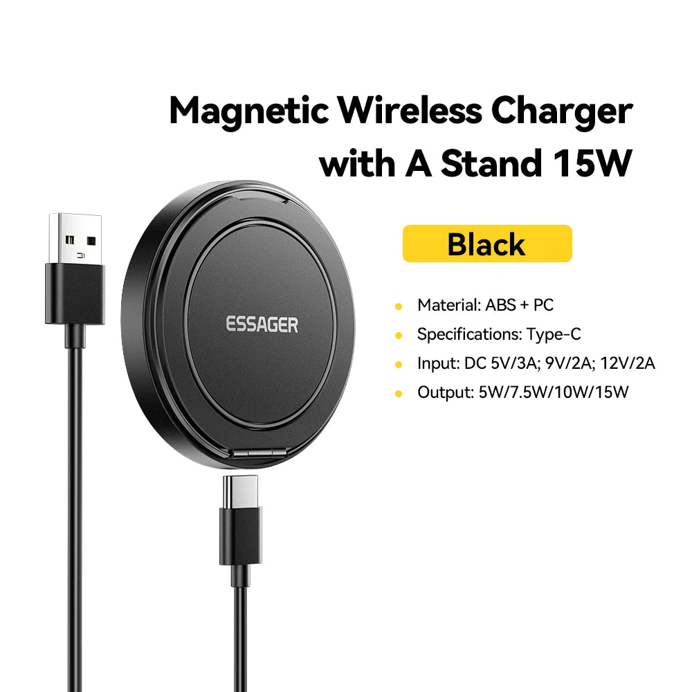 Essager 15W Magnetic Wireless Charger with 360° Rotating Stand – Fast Charging for iPhone 17/16/15/14 Pro Max & AirPods
